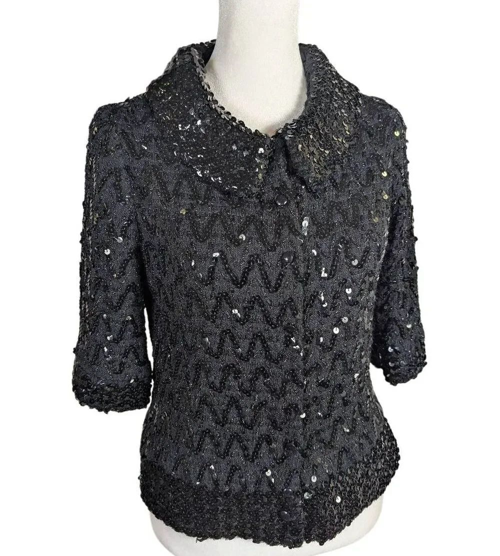 Vintage Partique 70s 80s Black sequin sweater formal collared jacket womens 8